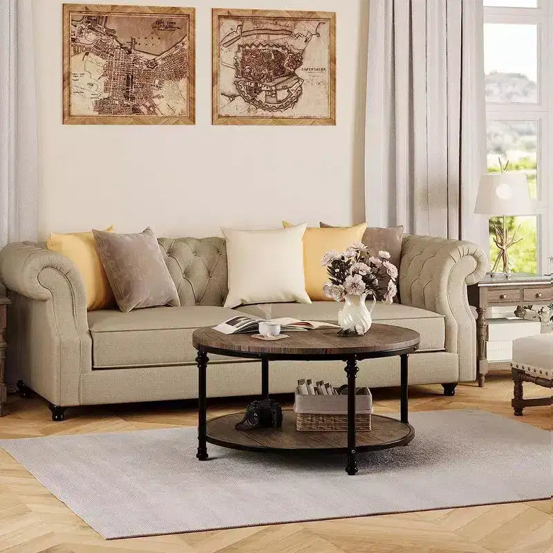 Round Coffee Table for Living Room Rustic Center Table with Storage Shelf Wood Circle Coffee Table with Sturdy Metal Legs