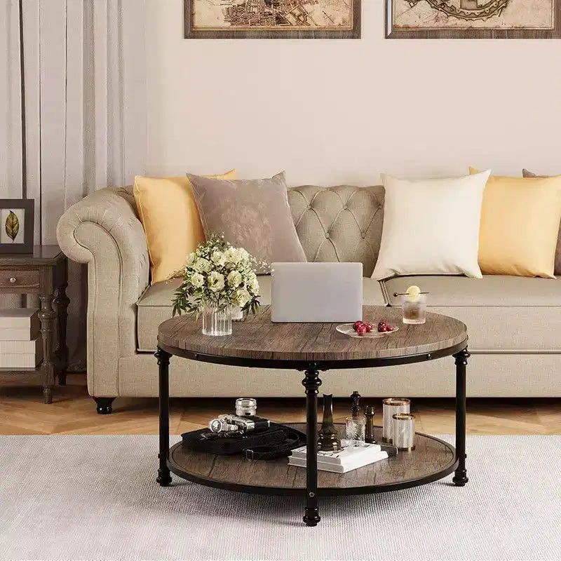 Round Coffee Table for Living Room Rustic Center Table with Storage Shelf Wood Circle Coffee Table with Sturdy Metal Legs