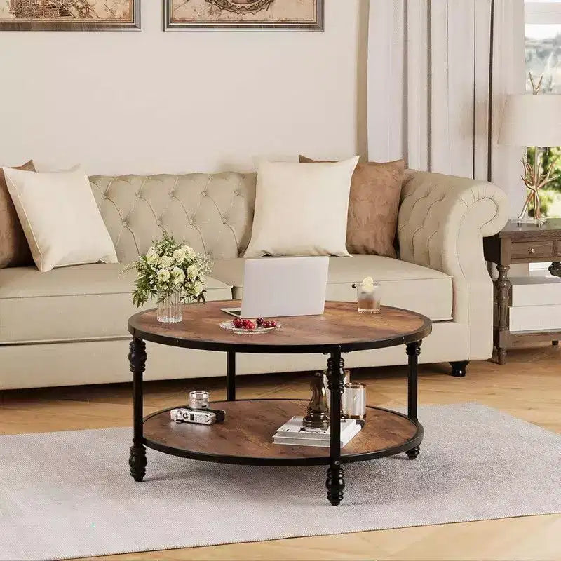 Round Coffee Table for Living Room Rustic Center Table with Storage Shelf Wood Circle Coffee Table with Sturdy Metal Legs