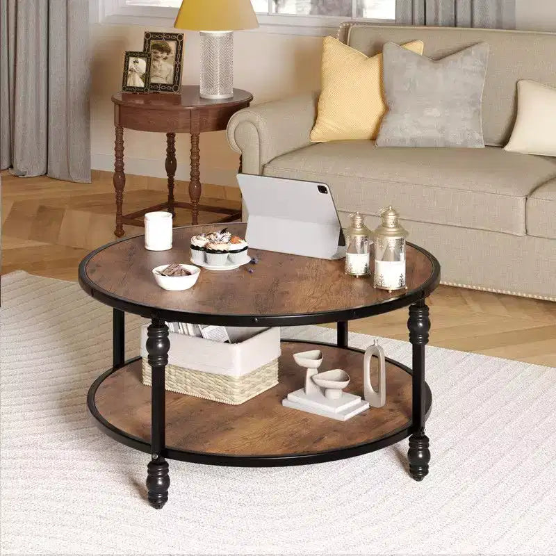 Round Coffee Table for Living Room Rustic Center Table with Storage Shelf Wood Circle Coffee Table with Sturdy Metal Legs
