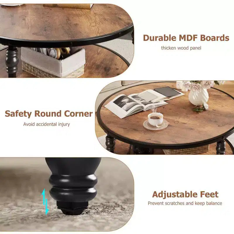 Round Coffee Table for Living Room Rustic Center Table with Storage Shelf Wood Circle Coffee Table with Sturdy Metal Legs