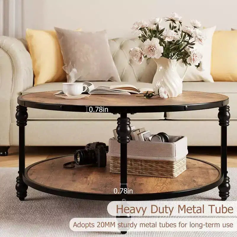 Round Coffee Table for Living Room Rustic Center Table with Storage Shelf Wood Circle Coffee Table with Sturdy Metal Legs
