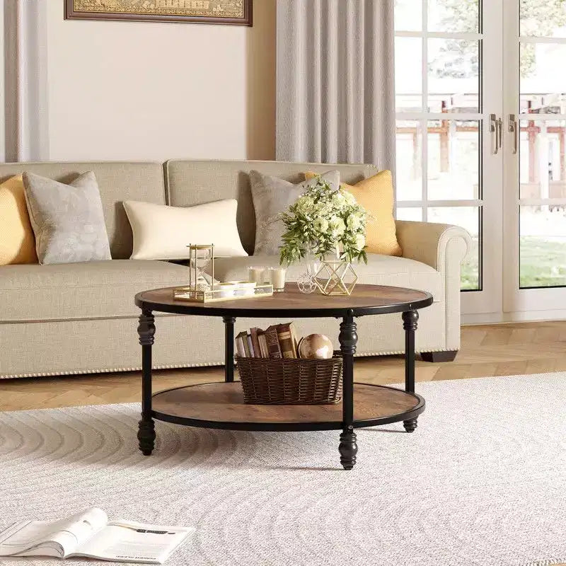 Round Coffee Table for Living Room Rustic Center Table with Storage Shelf Wood Circle Coffee Table with Sturdy Metal Legs