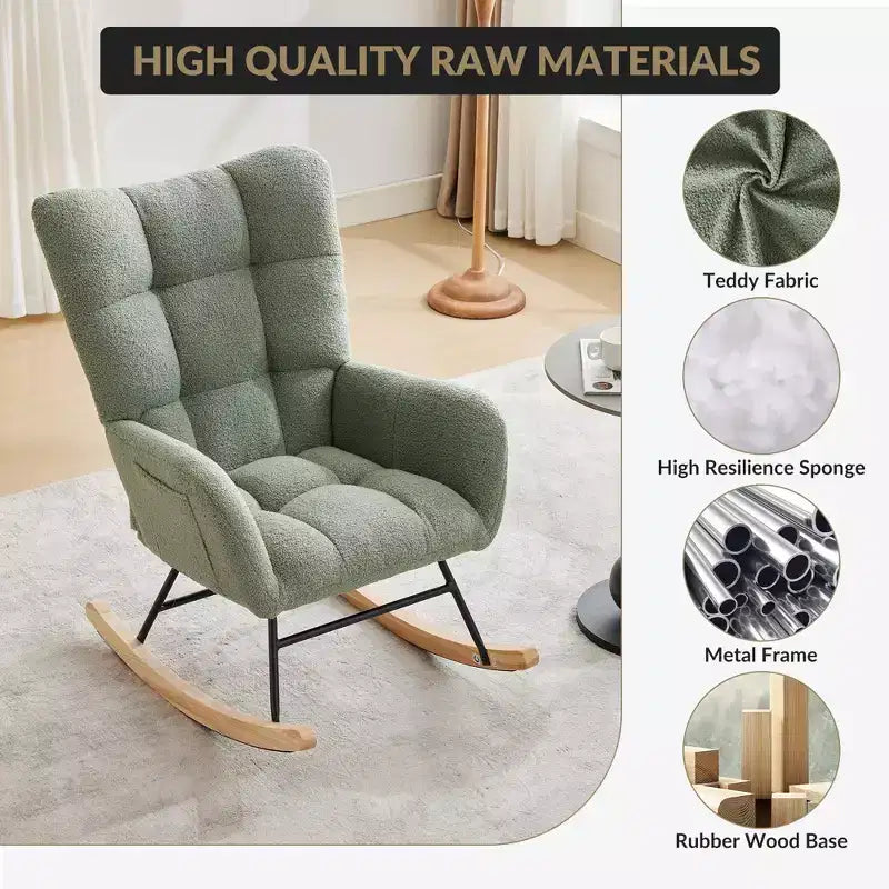 Teddy Upholstered Rocking Chair, Glider Chair with High Backrest, Modern Comfy Accent Armchair Reading Chair for Bedroom, Living Room