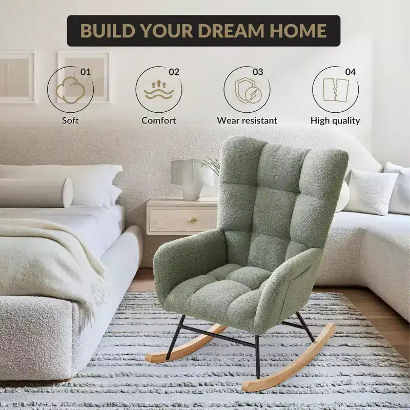 Teddy Upholstered Rocking Chair, Glider Chair with High Backrest, Modern Comfy Accent Armchair Reading Chair for Bedroom, Living Room