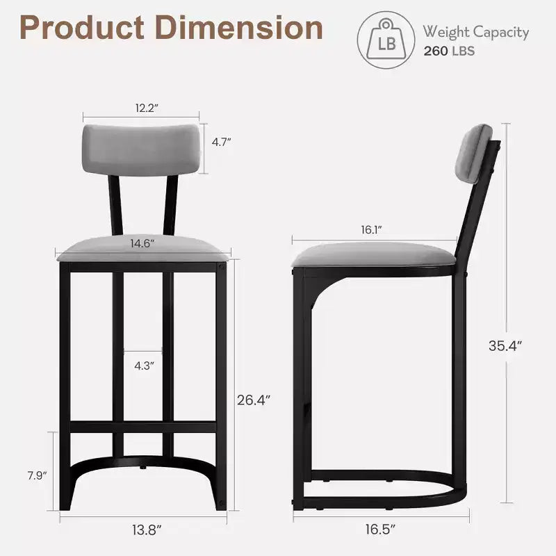 Set of 2 Bar Chair with Back and Metal Leg with Upholstered for Kitchen