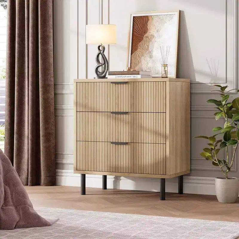 Fluted 3 Chest of Drawers, Wide Wood Drawers Dresser, Modern Storage Dresser Chest of Drawers Organizer for Bedroom Living Room