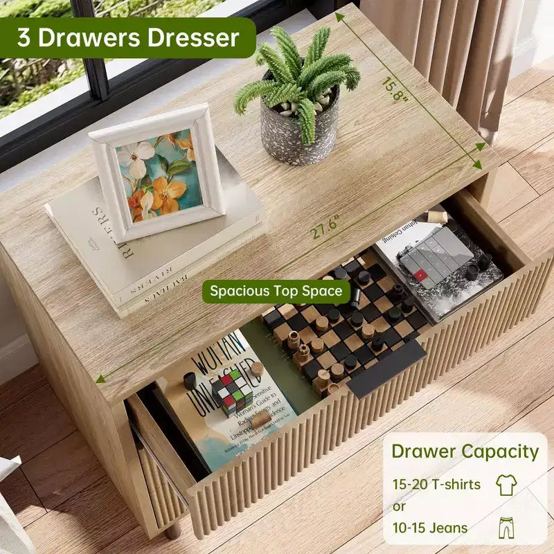 Fluted 3 Chest of Drawers, Wide Wood Drawers Dresser, Modern Storage Dresser Chest of Drawers Organizer for Bedroom Living Room