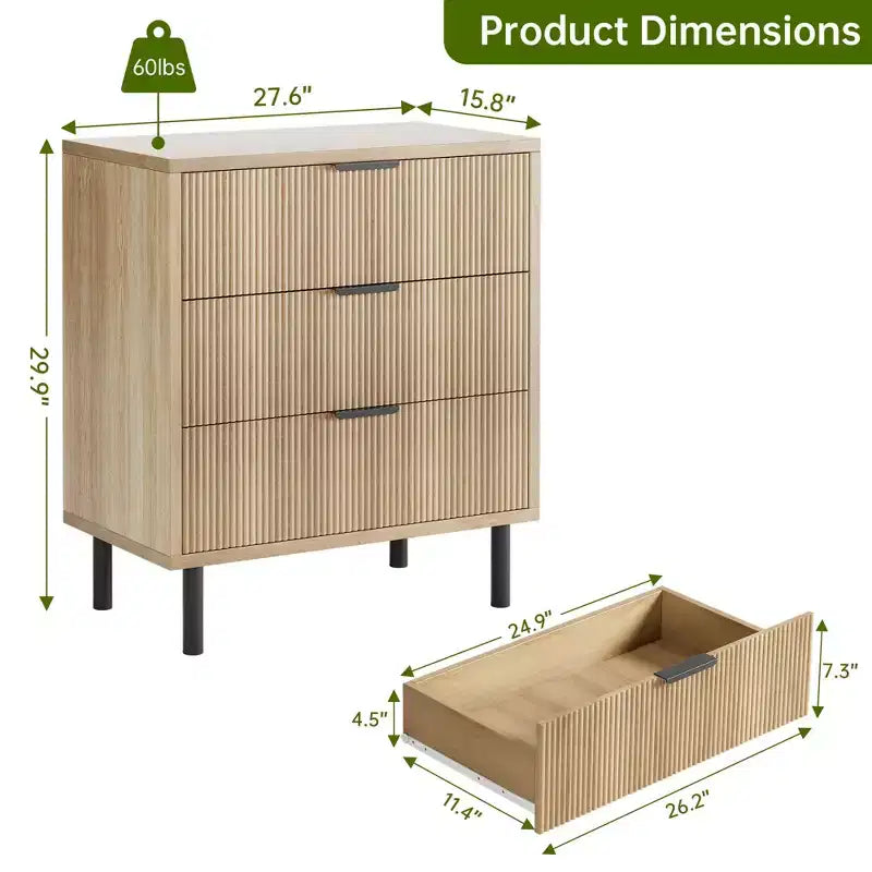 Fluted 3 Chest of Drawers, Wide Wood Drawers Dresser, Modern Storage Dresser Chest of Drawers Organizer for Bedroom Living Room