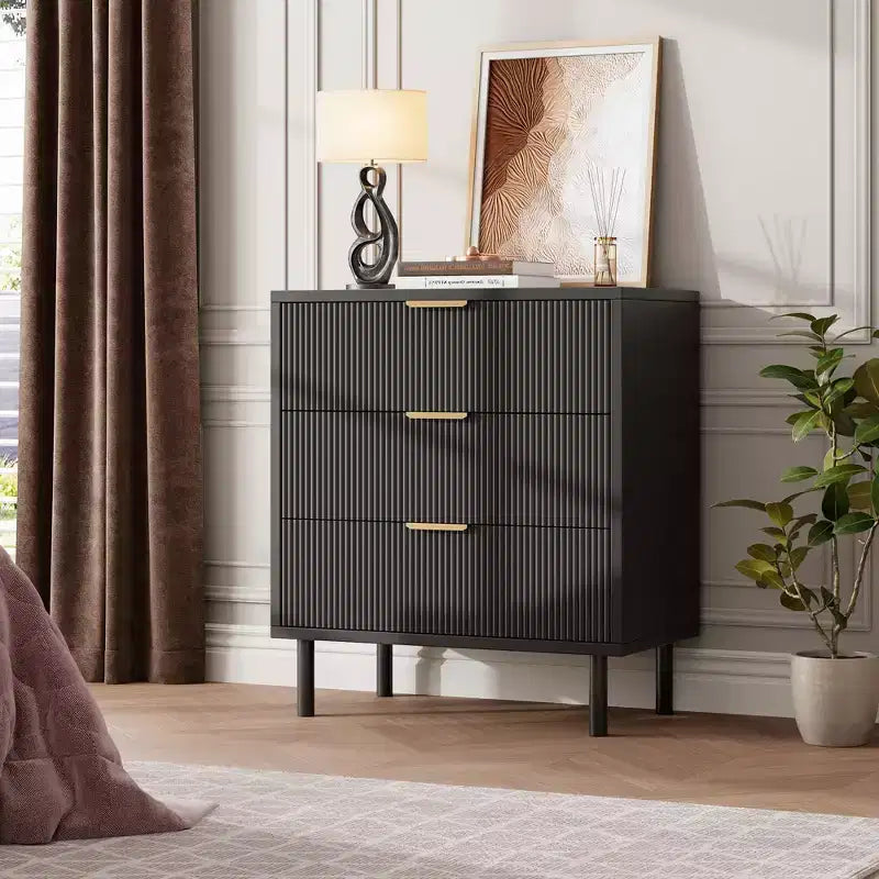 Fluted 3 Chest of Drawers, Wide Wood Drawers Dresser, Modern Storage Dresser Chest of Drawers Organizer for Bedroom Living Room