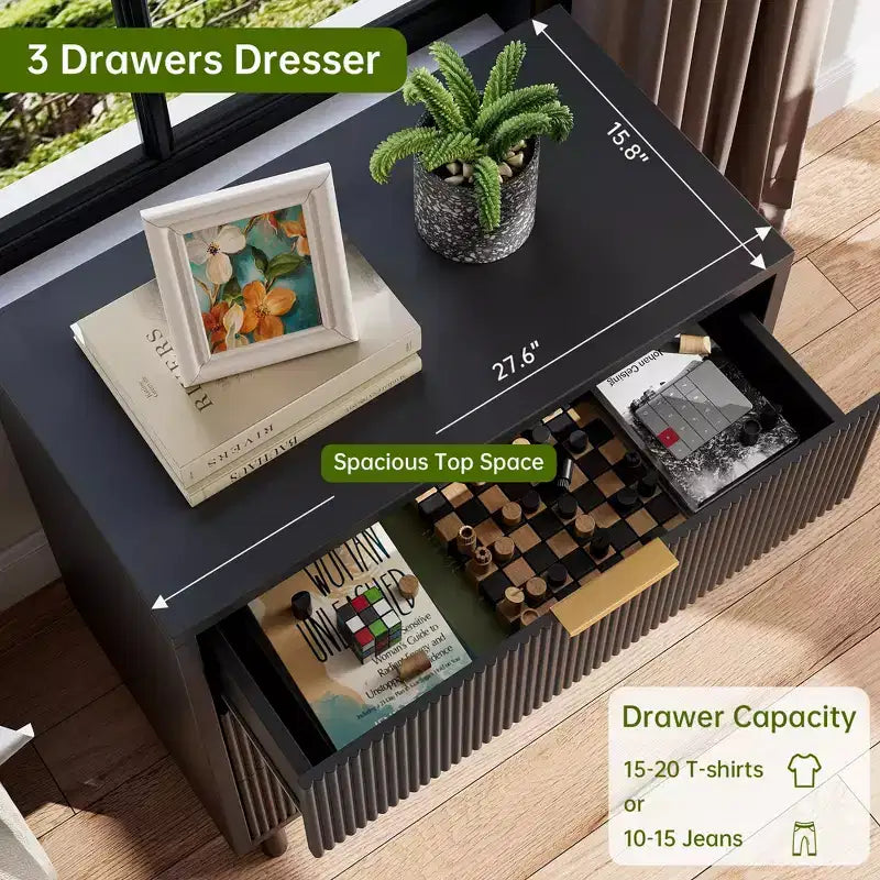 Fluted 3 Chest of Drawers, Wide Wood Drawers Dresser, Modern Storage Dresser Chest of Drawers Organizer for Bedroom Living Room
