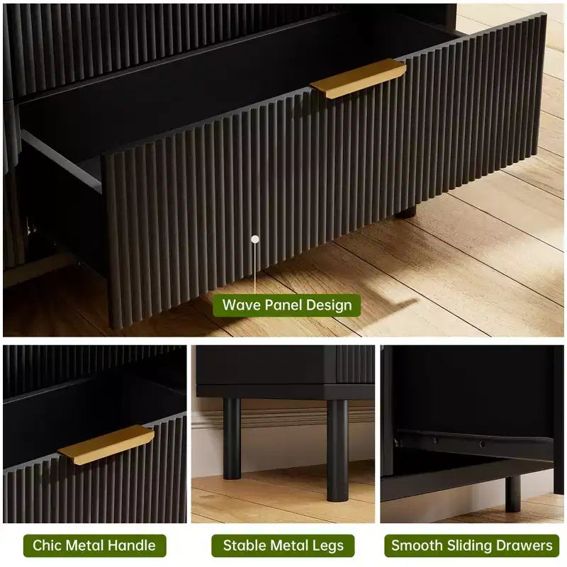 Fluted 3 Chest of Drawers, Wide Wood Drawers Dresser, Modern Storage Dresser Chest of Drawers Organizer for Bedroom Living Room