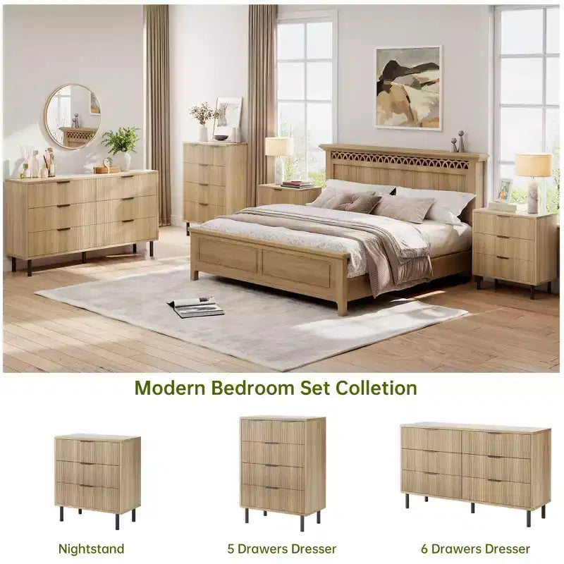 Fluted 3 Chest of Drawers, Wide Wood Drawers Dresser, Modern Storage Dresser Chest of Drawers Organizer for Bedroom Living Room