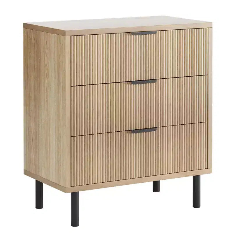 Fluted 3 Chest of Drawers, Wide Wood Drawers Dresser, Modern Storage Dresser Chest of Drawers Organizer for Bedroom Living Room