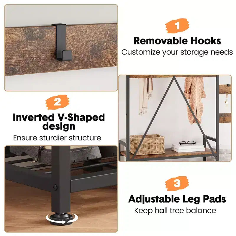 Entryway Shoe Storage Rack with Bench, Coat Rack Hall Tree with 7 Hooks and Storage Shelf, Entryway Coat Rack for Hallway Mudroom Bedroom