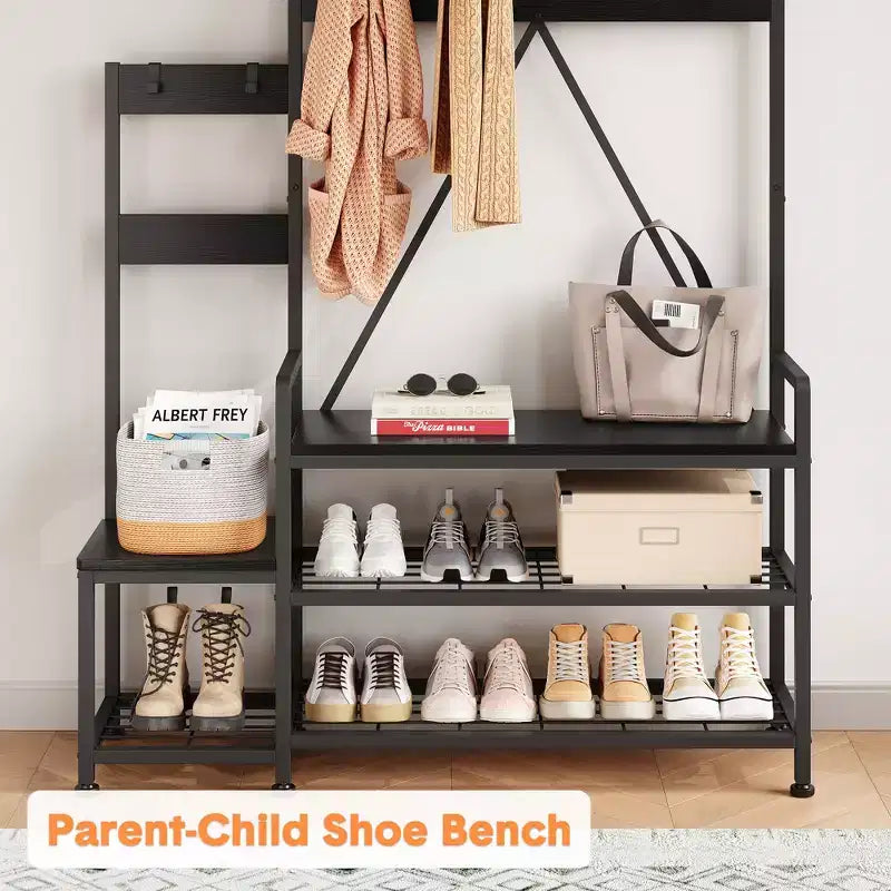 Entryway Shoe Storage Rack with Bench, Coat Rack Hall Tree with 7 Hooks and Storage Shelf, Entryway Coat Rack for Hallway Mudroom Bedroom