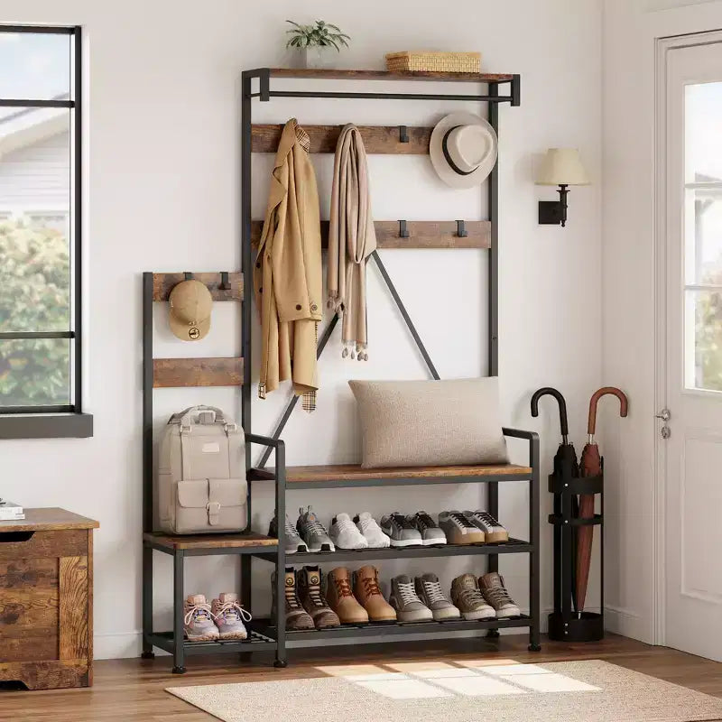 Entryway Shoe Storage Rack with Bench, Coat Rack Hall Tree with 7 Hooks and Storage Shelf, Entryway Coat Rack for Hallway Mudroom Bedroom