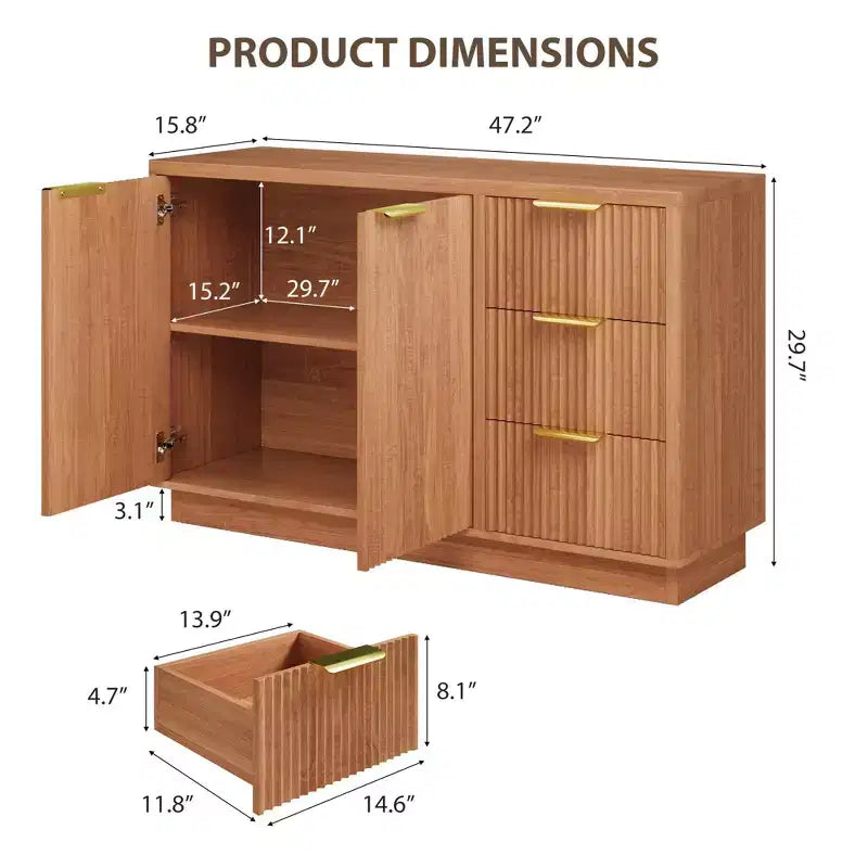 6 Drawer Dresser for Bedroom, 47.2W Wooden Chest of Drawers with Gold Handles, Fluted Dresser TV Stand, Clothes Storage Organizer for Bedroom