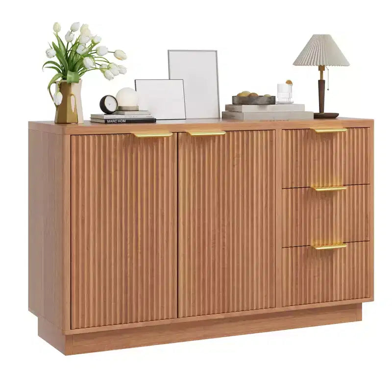 6 Drawer Dresser for Bedroom, 47.2W Wooden Chest of Drawers with Gold Handles, Fluted Dresser TV Stand, Clothes Storage Organizer for Bedroom