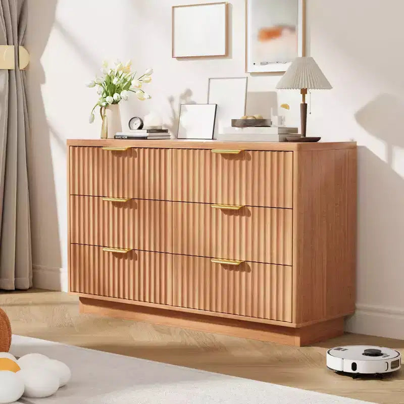 6 Drawer Dresser for Bedroom, 47.2W Wooden Chest of Drawers with Gold Handles, Fluted Dresser TV Stand, Clothes Storage Organizer for Bedroom