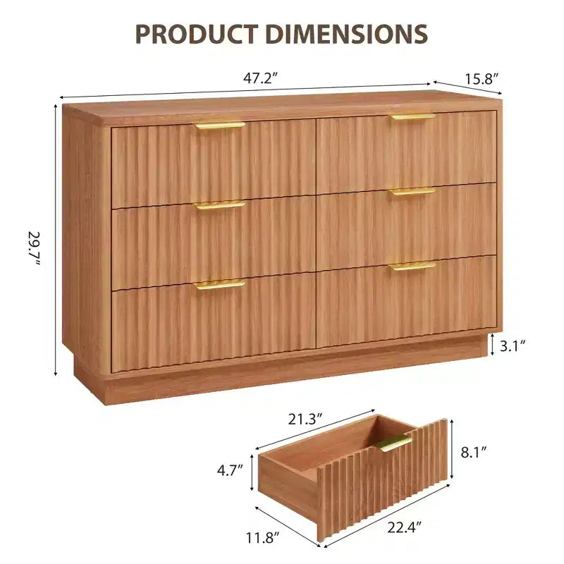 6 Drawer Dresser for Bedroom, 47.2W Wooden Chest of Drawers with Gold Handles, Fluted Dresser TV Stand, Clothes Storage Organizer for Bedroom