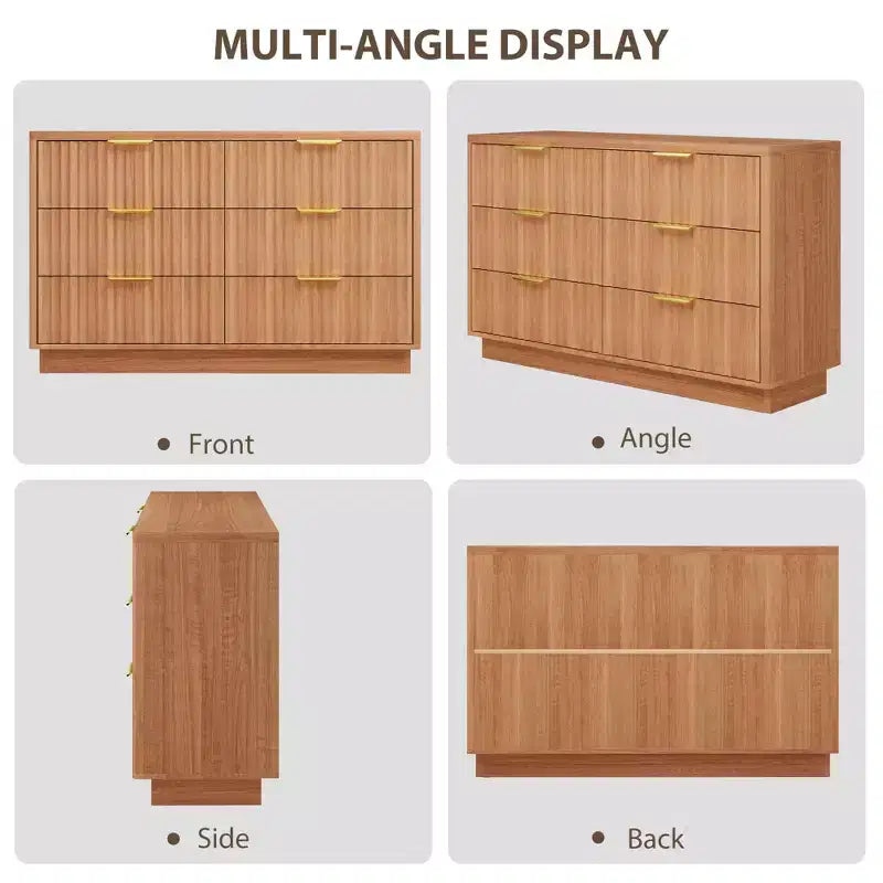 6 Drawer Dresser for Bedroom, 47.2W Wooden Chest of Drawers with Gold Handles, Fluted Dresser TV Stand, Clothes Storage Organizer for Bedroom