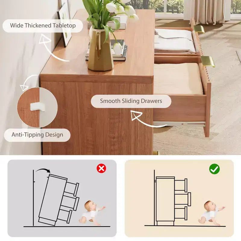6 Drawer Dresser for Bedroom, 47.2W Wooden Chest of Drawers with Gold Handles, Fluted Dresser TV Stand, Clothes Storage Organizer for Bedroom