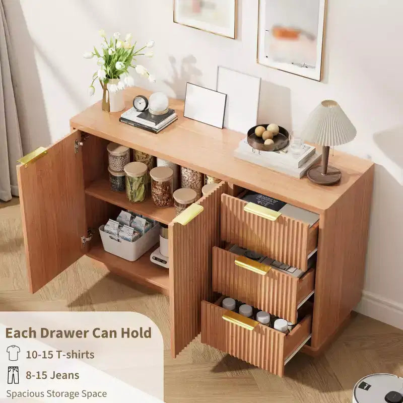 6 Drawer Dresser for Bedroom, 47.2W Wooden Chest of Drawers with Gold Handles, Fluted Dresser TV Stand, Clothes Storage Organizer for Bedroom