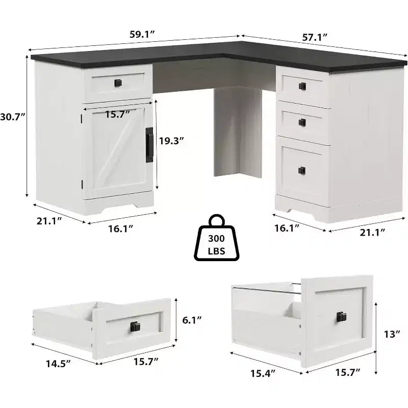 60 White L Shaped Executive Desk, Farmhouse Home Office Corner Computer Desk with File Drawers & Storage Cabinet