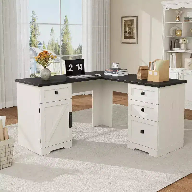 60 White L Shaped Executive Desk, Farmhouse Home Office Corner Computer Desk with File Drawers & Storage Cabinet