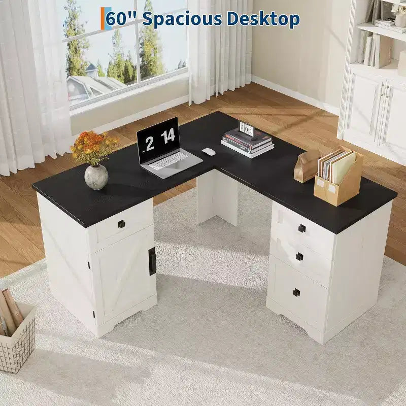 60 White L Shaped Executive Desk, Farmhouse Home Office Corner Computer Desk with File Drawers & Storage Cabinet