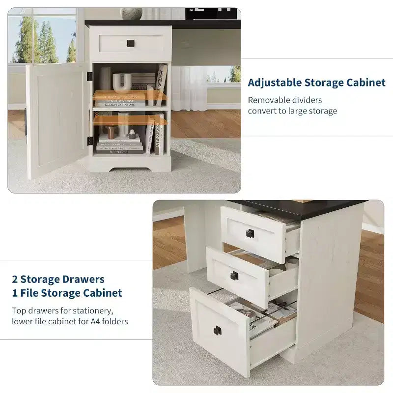 60 White L Shaped Executive Desk, Farmhouse Home Office Corner Computer Desk with File Drawers & Storage Cabinet