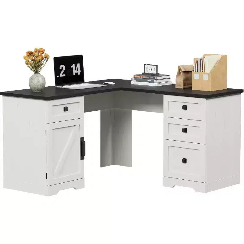 60 White L Shaped Executive Desk, Farmhouse Home Office Corner Computer Desk with File Drawers & Storage Cabinet
