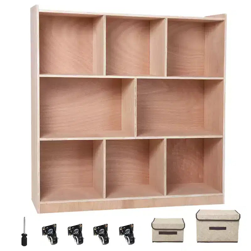 3-Tier Montessori Solid Wood Shelves Toy Organizers and Storage, 8-Compartment Storage Cabinet w/4 Wheels, for Toddler Kids Room, Classroom, Nursery