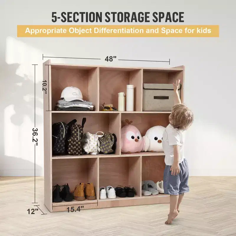 3-Tier Montessori Solid Wood Shelves Toy Organizers and Storage, 8-Compartment Storage Cabinet w/4 Wheels, for Toddler Kids Room, Classroom, Nursery