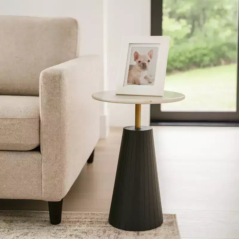 Timeless Marble Top End Table with Sleek Fluted Base Accent - Compact Small Side Table for Home, Covered Patio, or Living Room End Tables