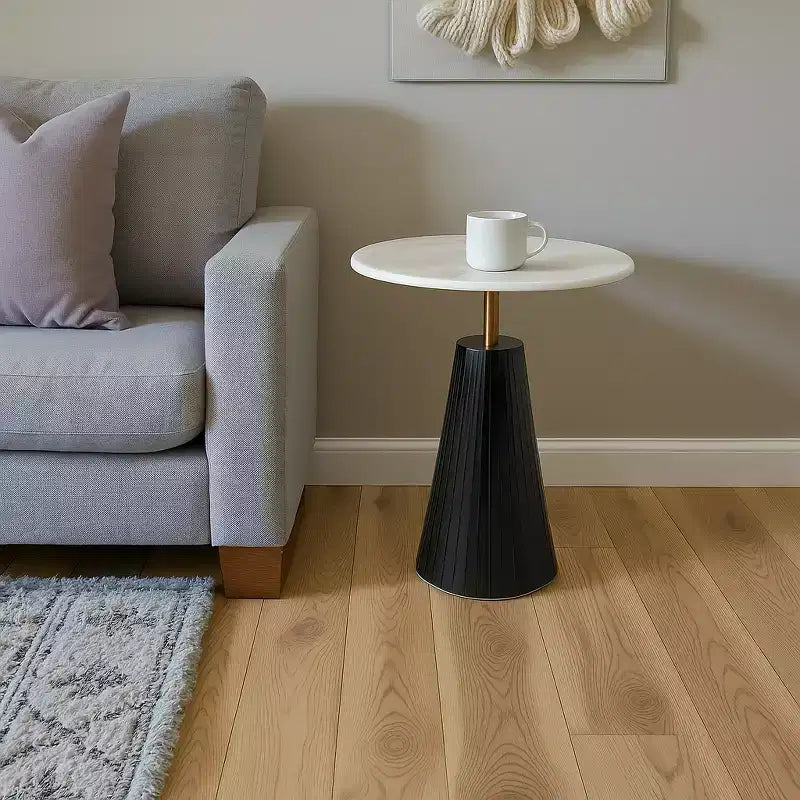 Timeless Marble Top End Table with Sleek Fluted Base Accent - Compact Small Side Table for Home, Covered Patio, or Living Room End Tables