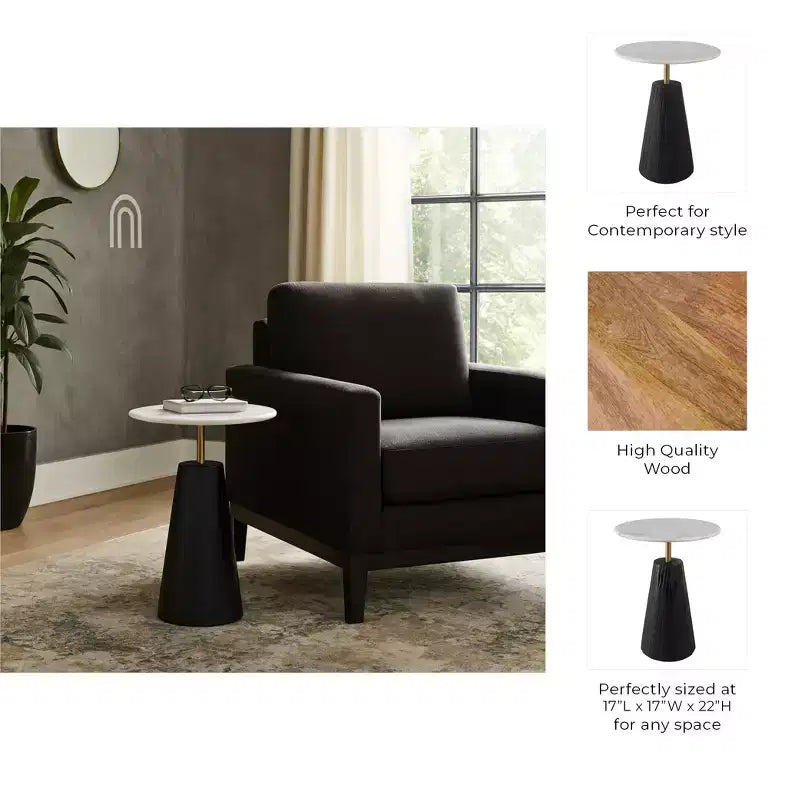 Timeless Marble Top End Table with Sleek Fluted Base Accent - Compact Small Side Table for Home, Covered Patio, or Living Room End Tables