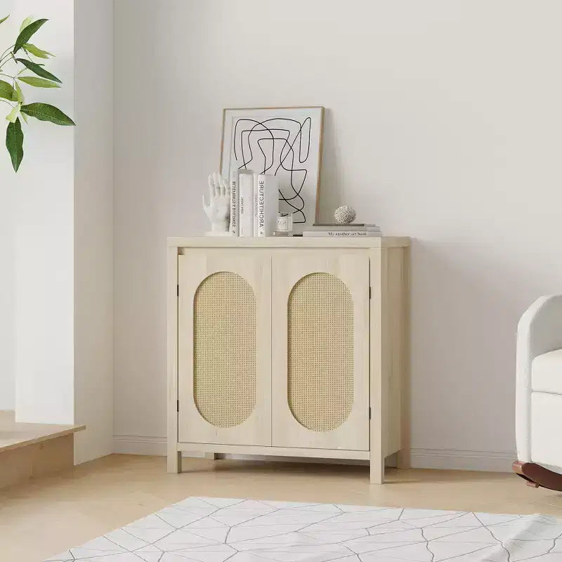 Modern Sideboard - Feature Rattan Storage Cabinet with Adjustable Shelves and Doors, Bohemian Style Small Console Cabinet