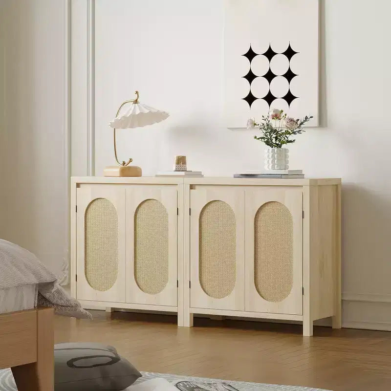 Modern Sideboard - Feature Rattan Storage Cabinet with Adjustable Shelves and Doors, Bohemian Style Small Console Cabinet