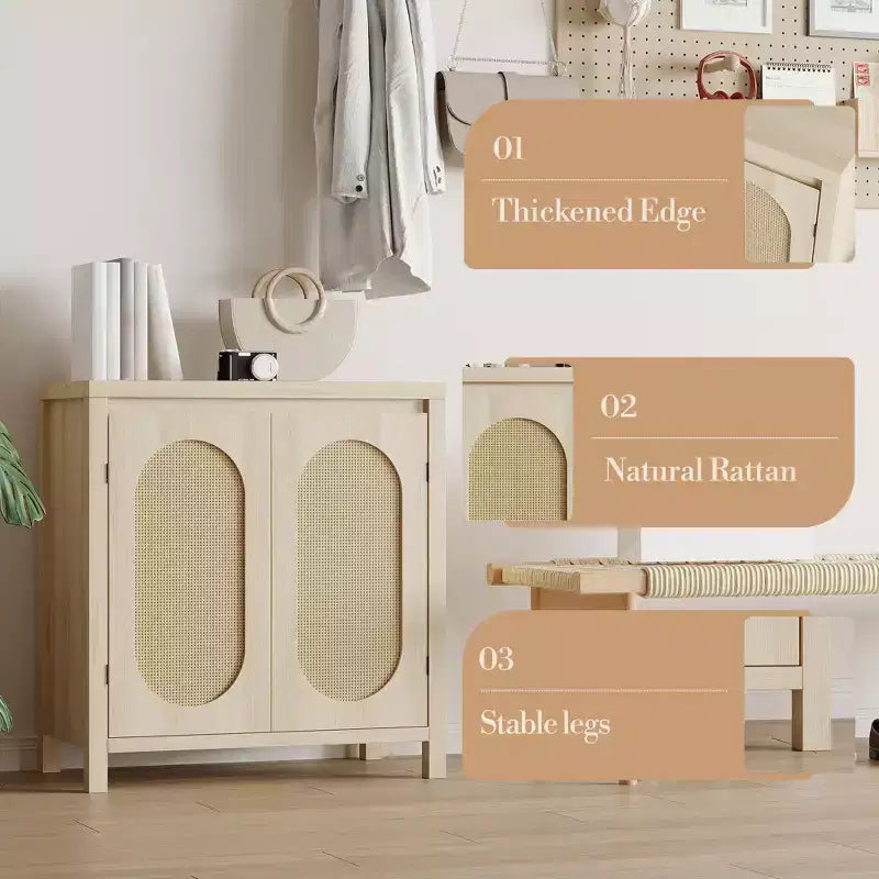 Modern Sideboard - Feature Rattan Storage Cabinet with Adjustable Shelves and Doors, Bohemian Style Small Console Cabinet