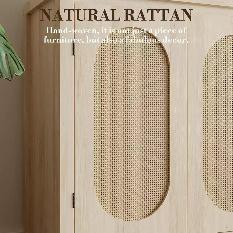 Modern Sideboard - Feature Rattan Storage Cabinet with Adjustable Shelves and Doors, Bohemian Style Small Console Cabinet