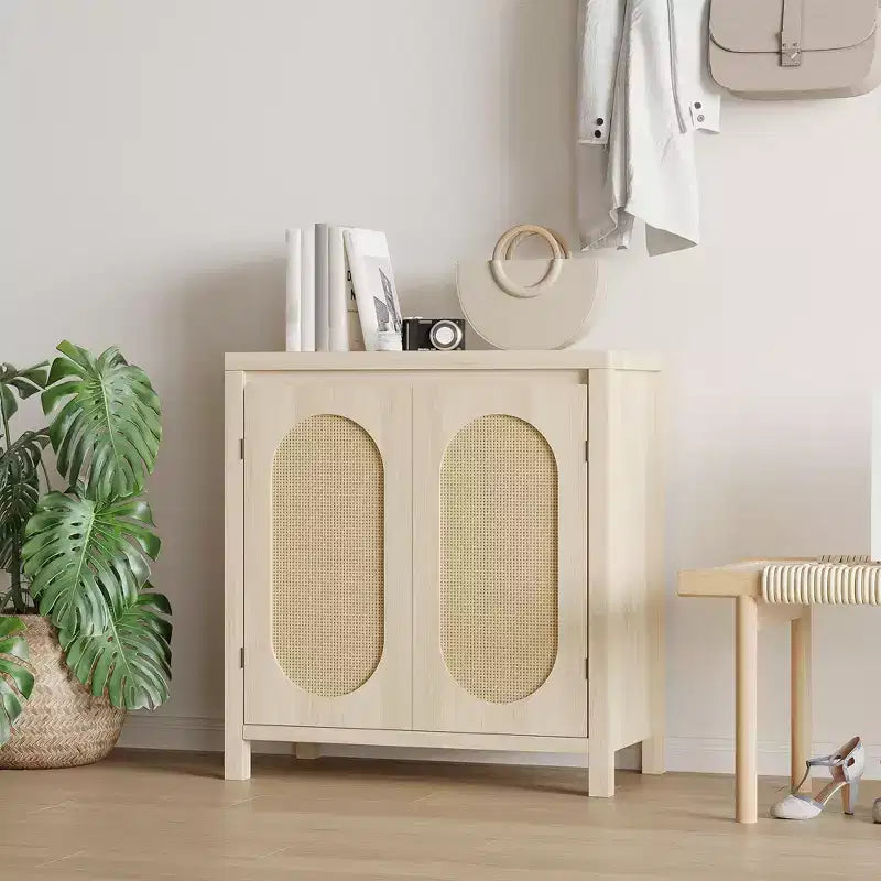 Modern Sideboard - Feature Rattan Storage Cabinet with Adjustable Shelves and Doors, Bohemian Style Small Console Cabinet