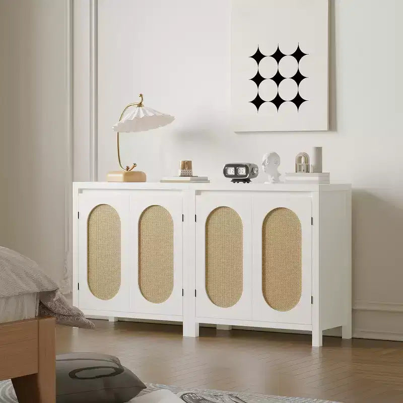 Modern Sideboard - Feature Rattan Storage Cabinet with Adjustable Shelves and Doors, Bohemian Style Small Console Cabinet