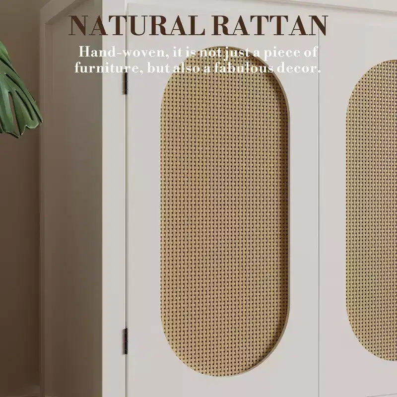 Modern Sideboard - Feature Rattan Storage Cabinet with Adjustable Shelves and Doors, Bohemian Style Small Console Cabinet