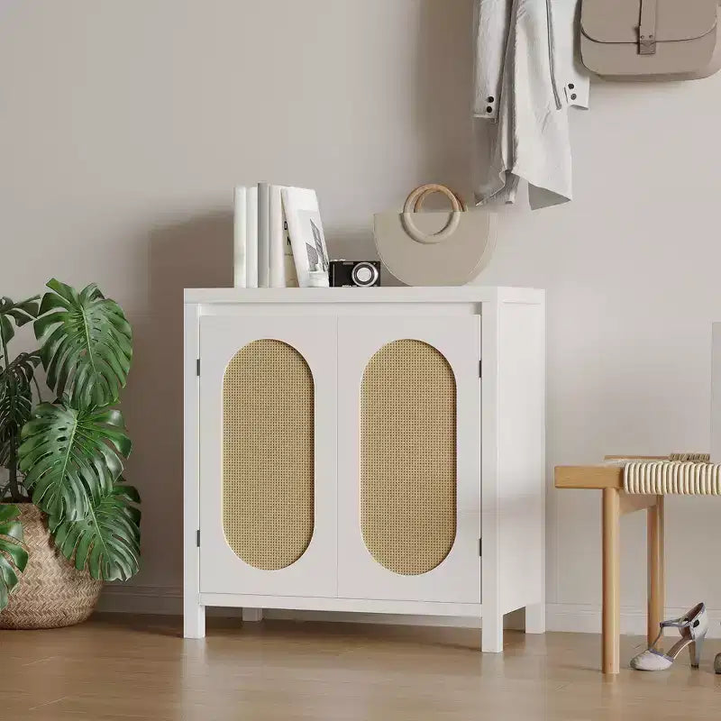 Modern Sideboard - Feature Rattan Storage Cabinet with Adjustable Shelves and Doors, Bohemian Style Small Console Cabinet
