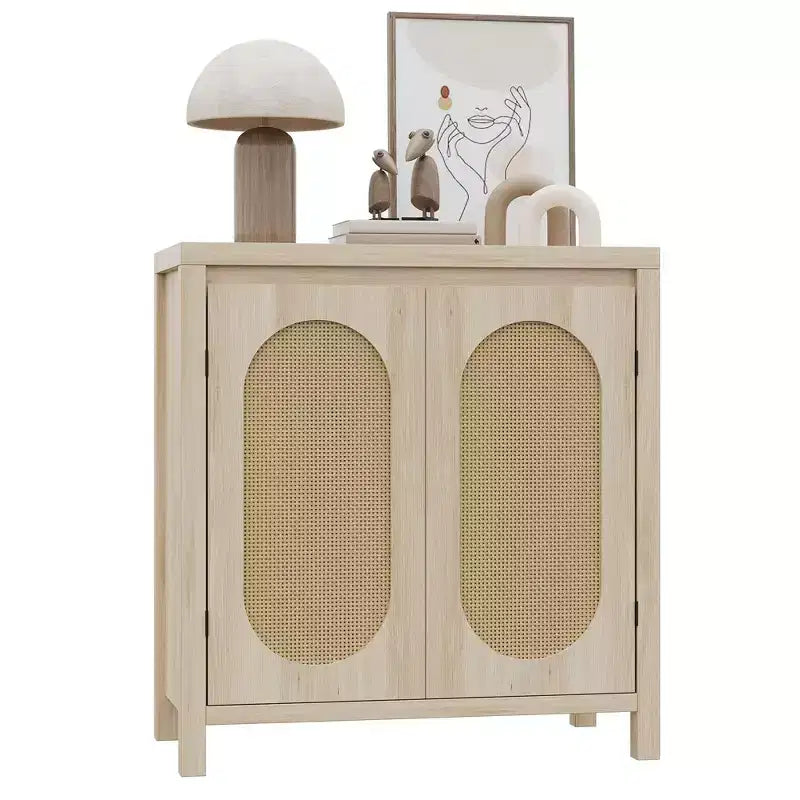 Modern Sideboard - Feature Rattan Storage Cabinet with Adjustable Shelves and Doors, Bohemian Style Small Console Cabinet