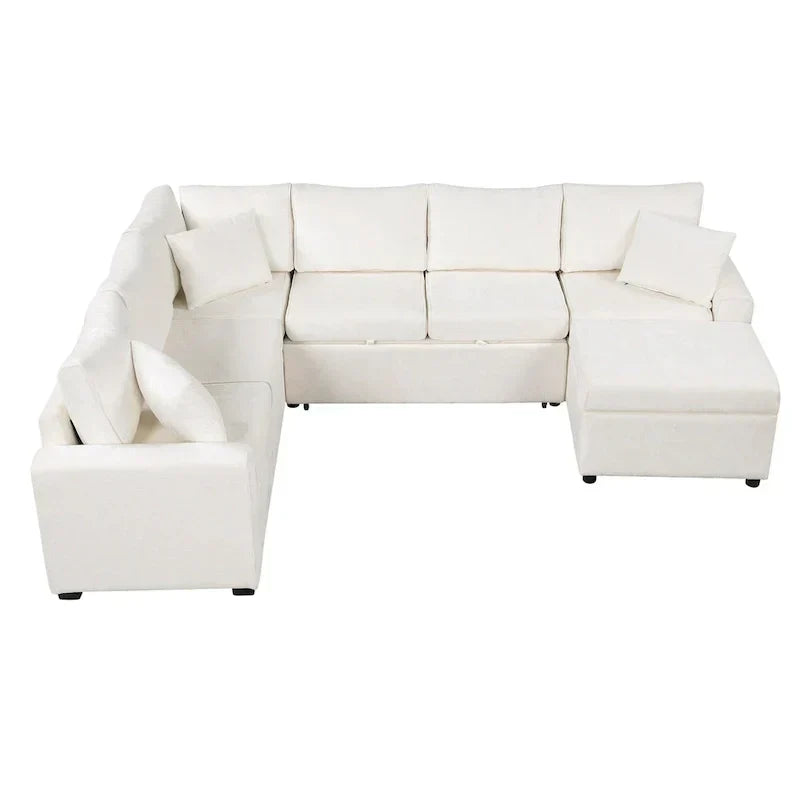 Chenille Sectional Sofa Pull-out Sofa Bed, L-Shape Sleeper Sofa with Storage Ottoman, 3 Pillows and Charging Devices