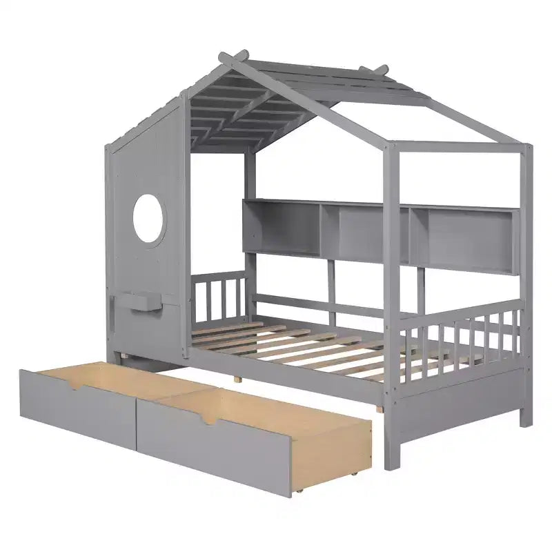 Holzhausbett in Twin-/Full-Größe mit 2 Schubladen, Kinderbett mit Ablagefach – ModernLuxe