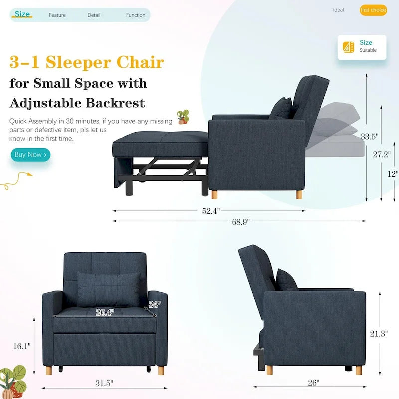 Sillón sofá cama 3 en 1 AECOJOY con almohada y respaldo convertible